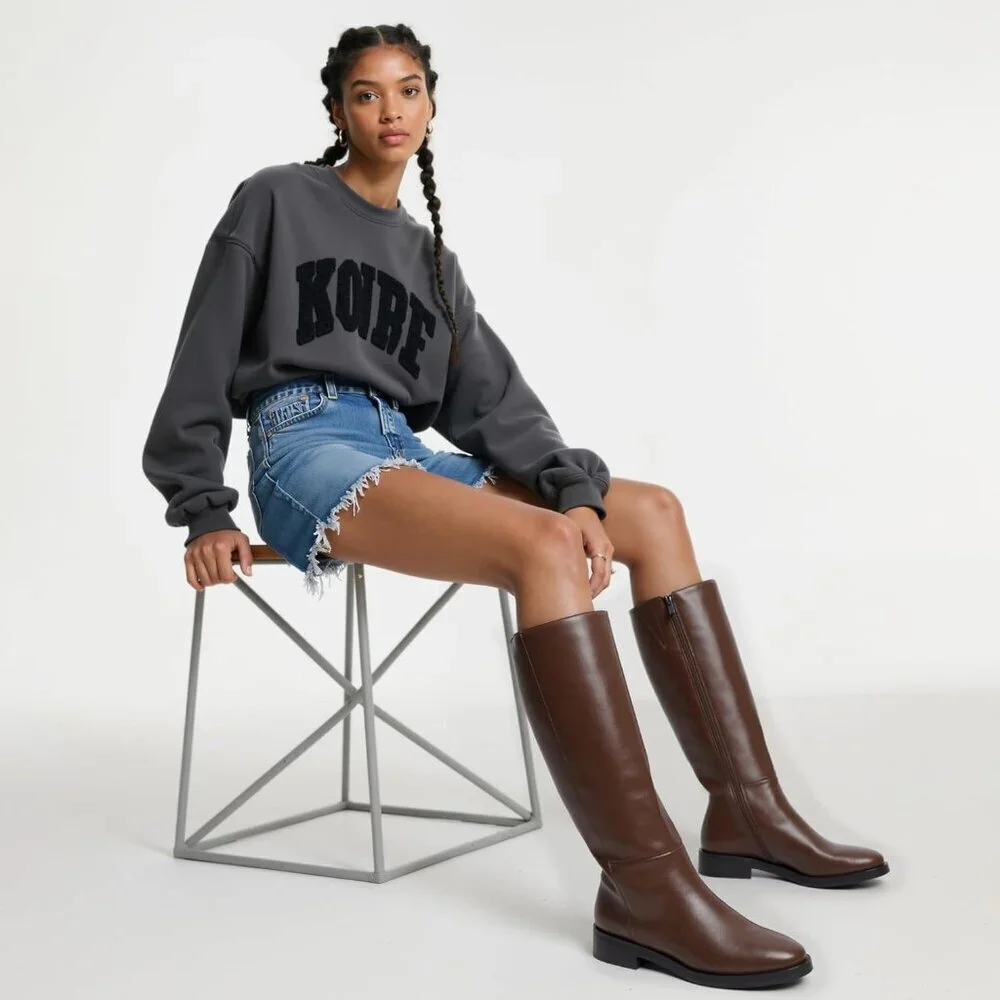 Women Polyurethane Brown Round Toe Flat Heel Side Zipper Knee High Tall Boots